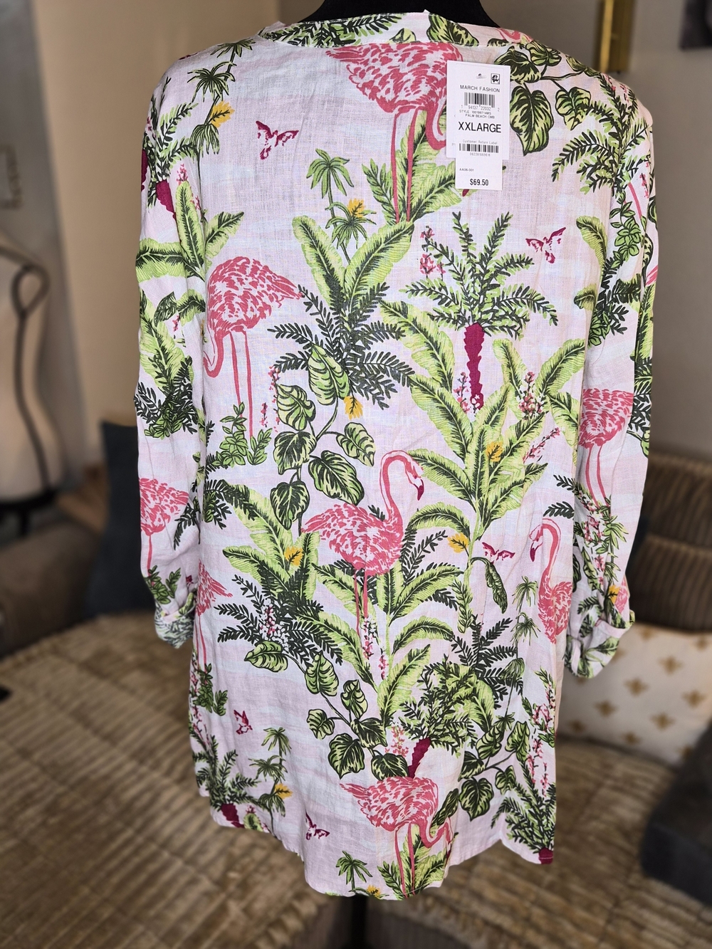 100% Linen - Flamingo Print Lightweight Women’s Blouse - Pink/Green - Picture 5 of 7